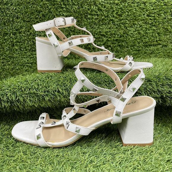 Shoes - Public Desire Ivory Leather Strappy Stud High Heel Pointed Toe Courts Size UK 8